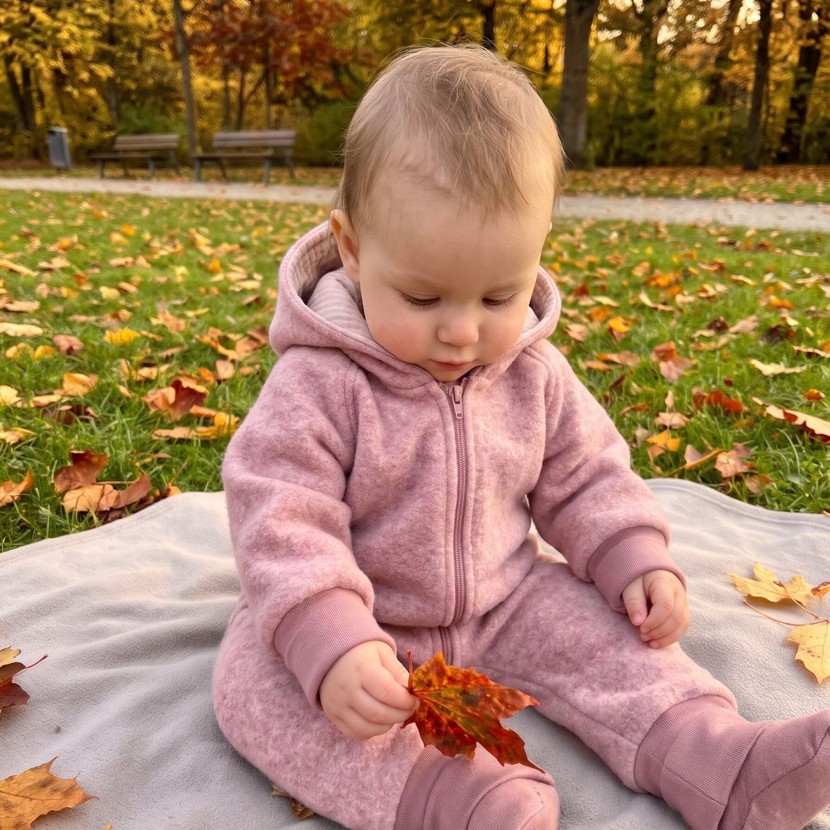 Wollwalk-Overall mit Zipfelkapuze – Kuschelwarm & Mitwachsend Rosa