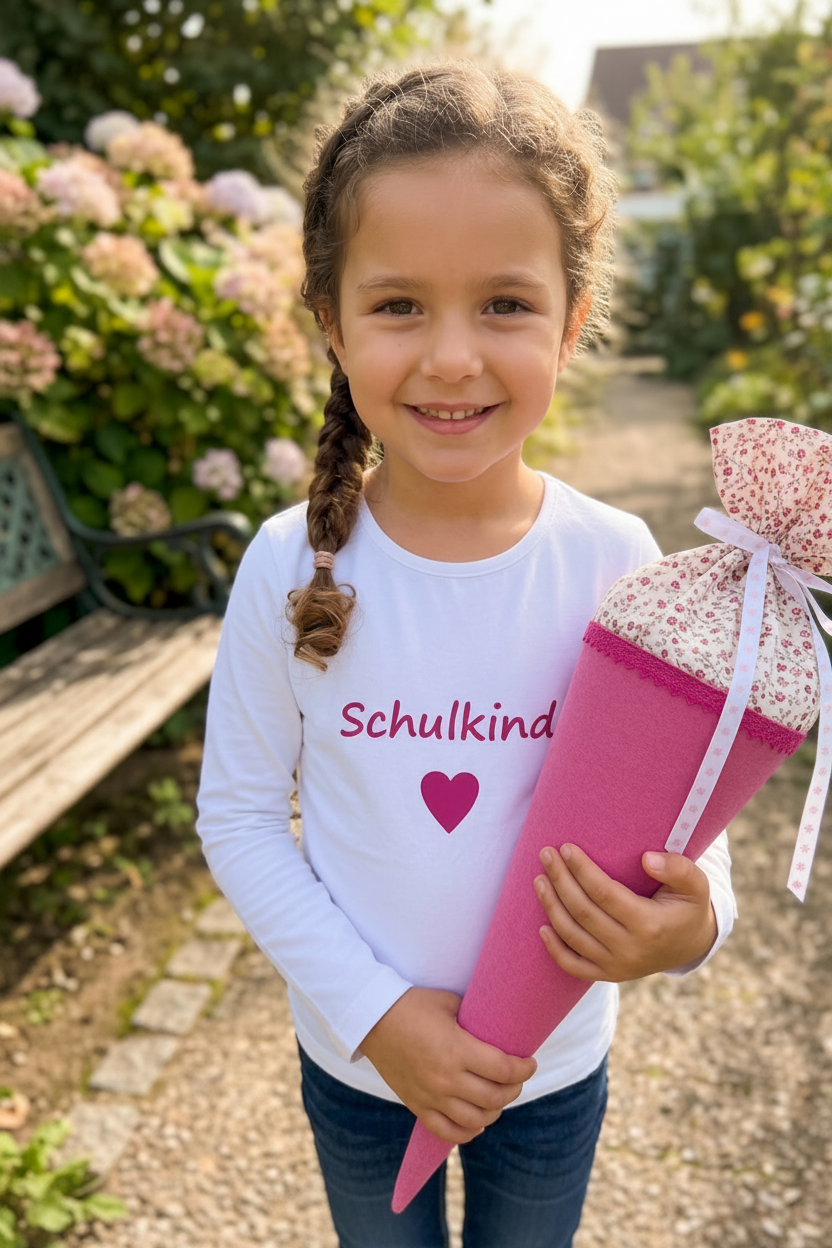 Kind trägt rosa Einschulungsshirt Schulkind Herz von Lessi-Design